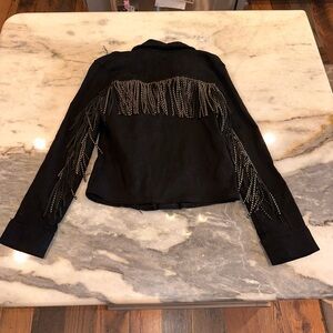 Free the Roses Size Small Black & Silver Metallic Fringe Jean Jacket